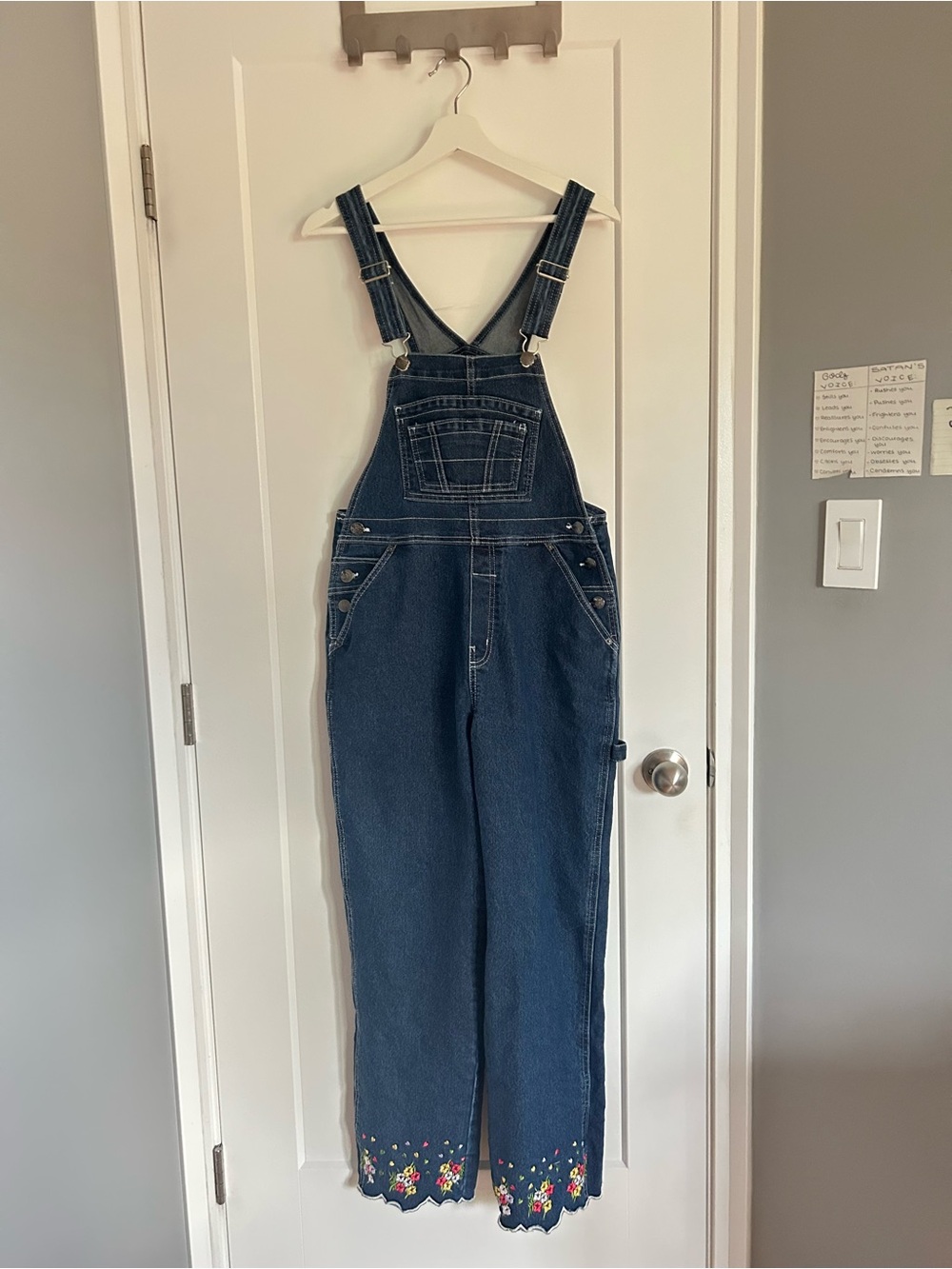 Dark Blue Denim Overalls with Floral Embroidering